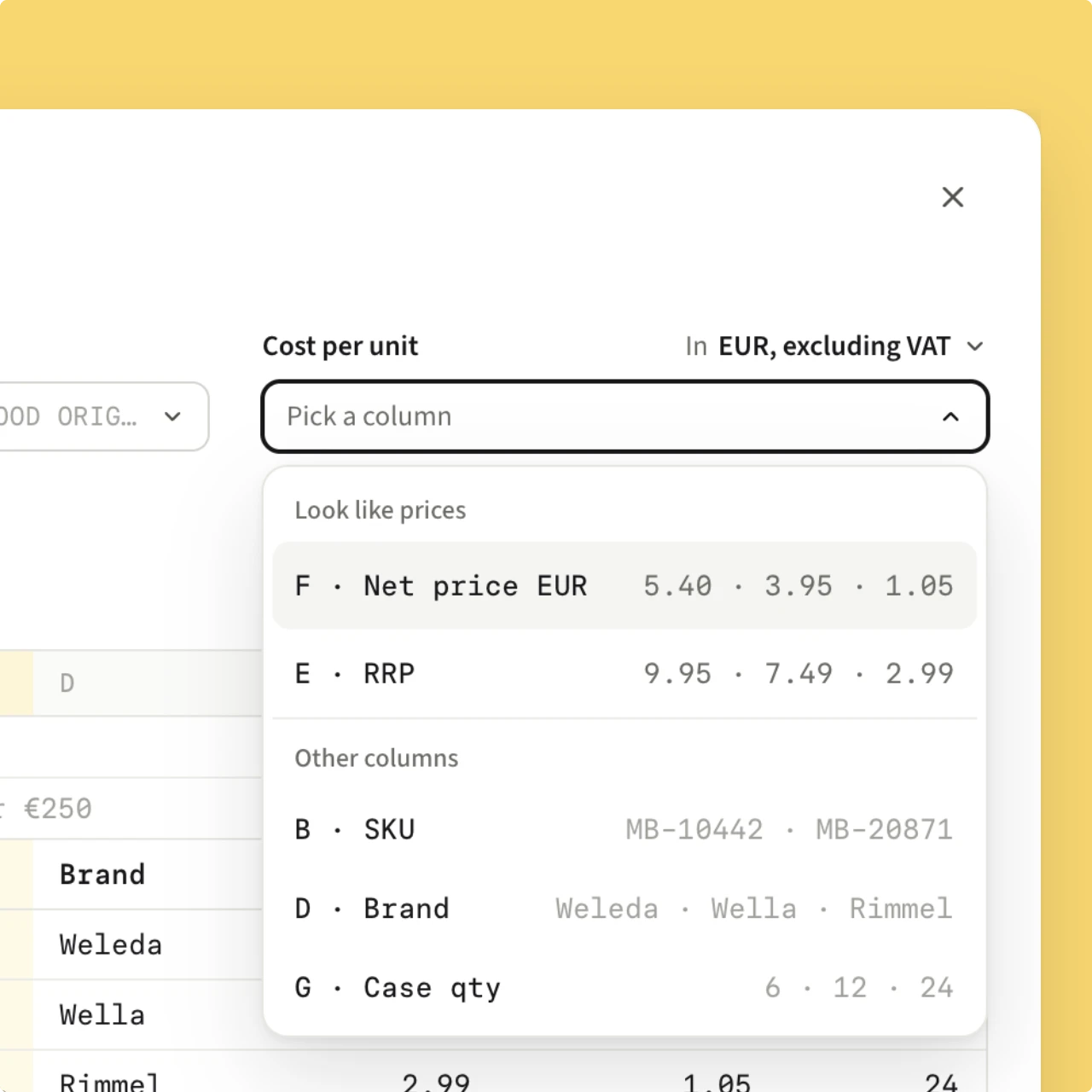The column mapping dialog: supplier price list columns matched to Product Lab fields.