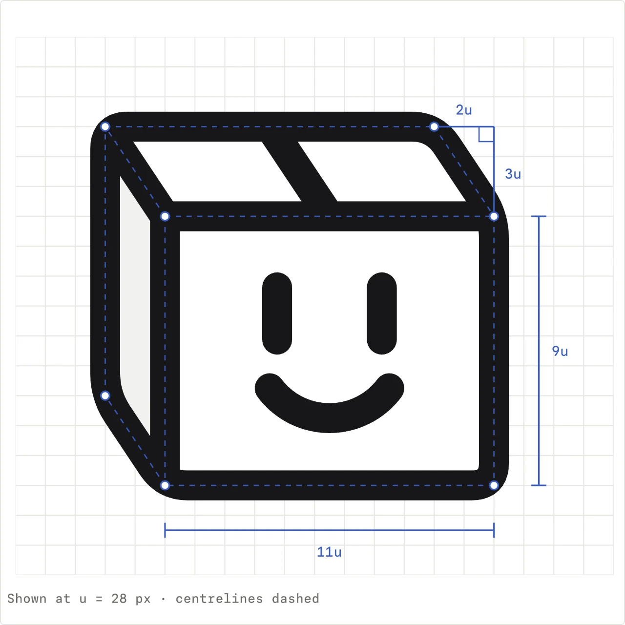 The Product Lab box mark drawn on its construction grid, with measurements in blue.