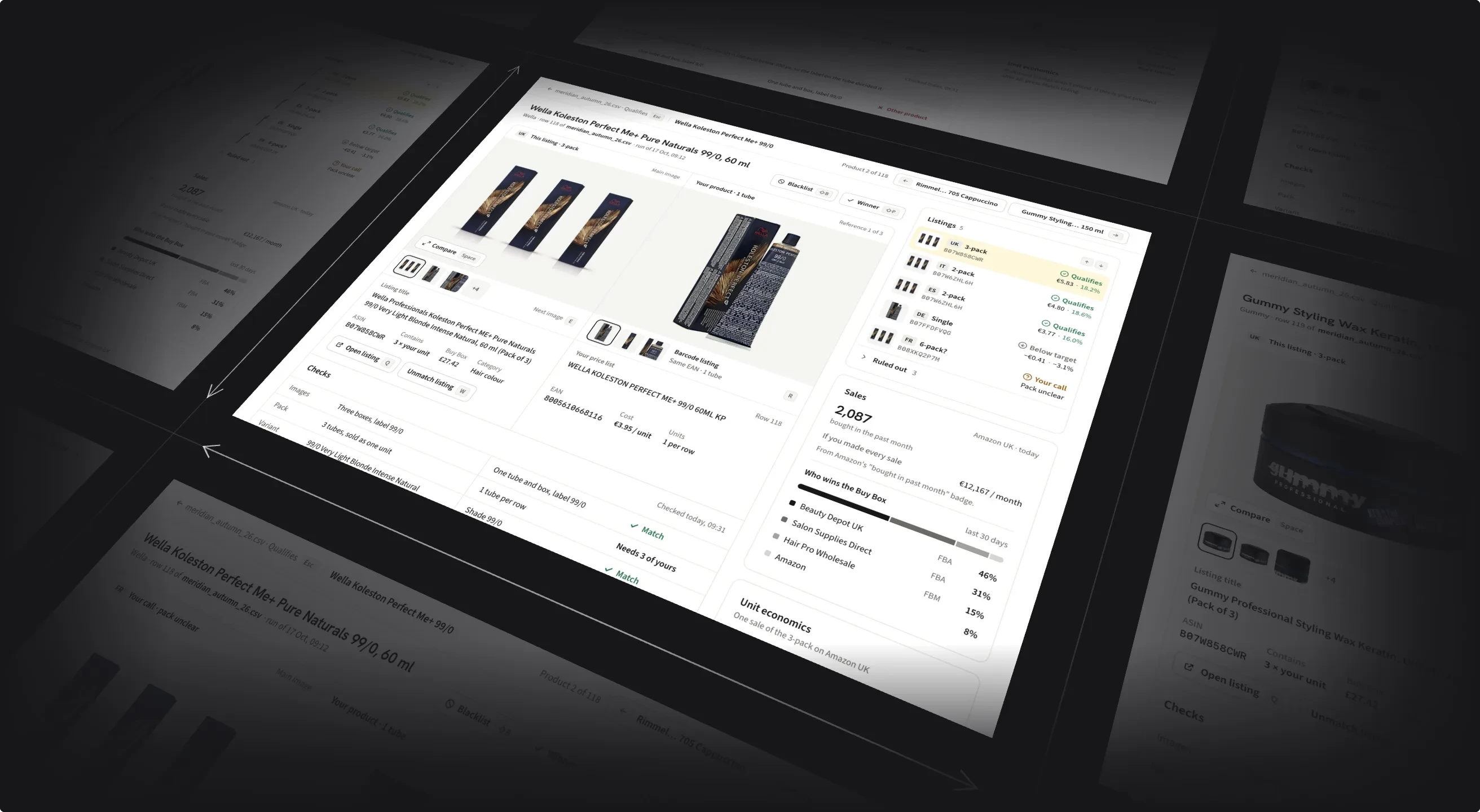 The Product Lab review screen for a Wella hair colour listing: supplier row, matched Amazon listings by pack size, checks and unit economics, tilted on a dark plane of neighbouring products.