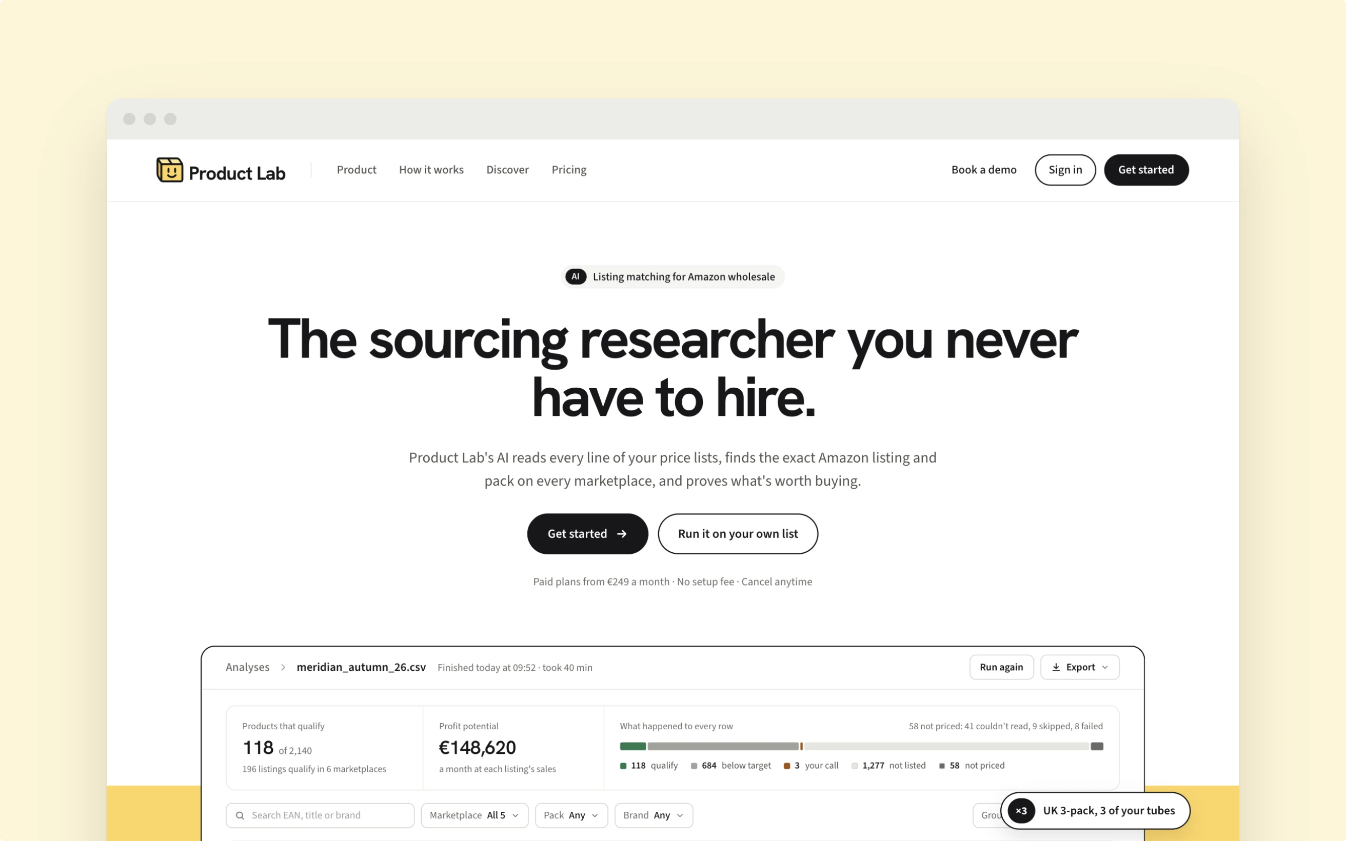 The Product Lab website in a browser window: the sourcing researcher you never have to hire.
