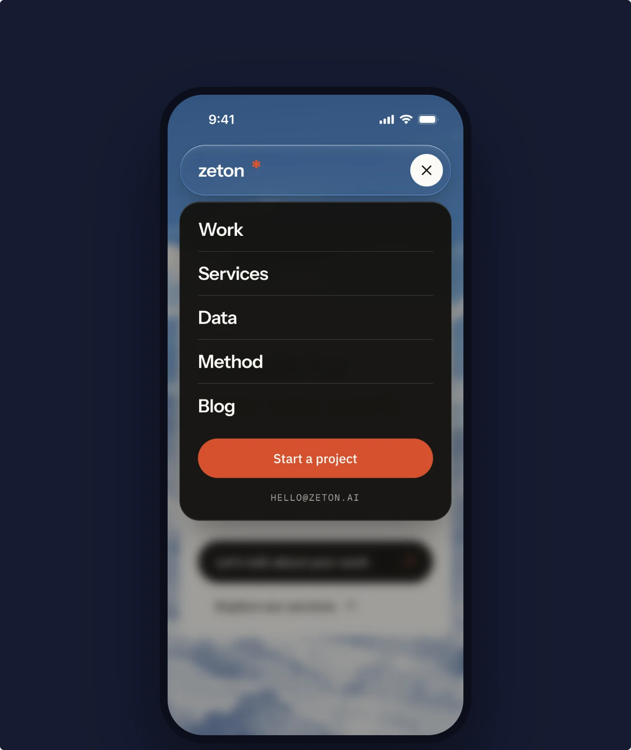 Zeton's mobile menu, open on a phone, on night navy.