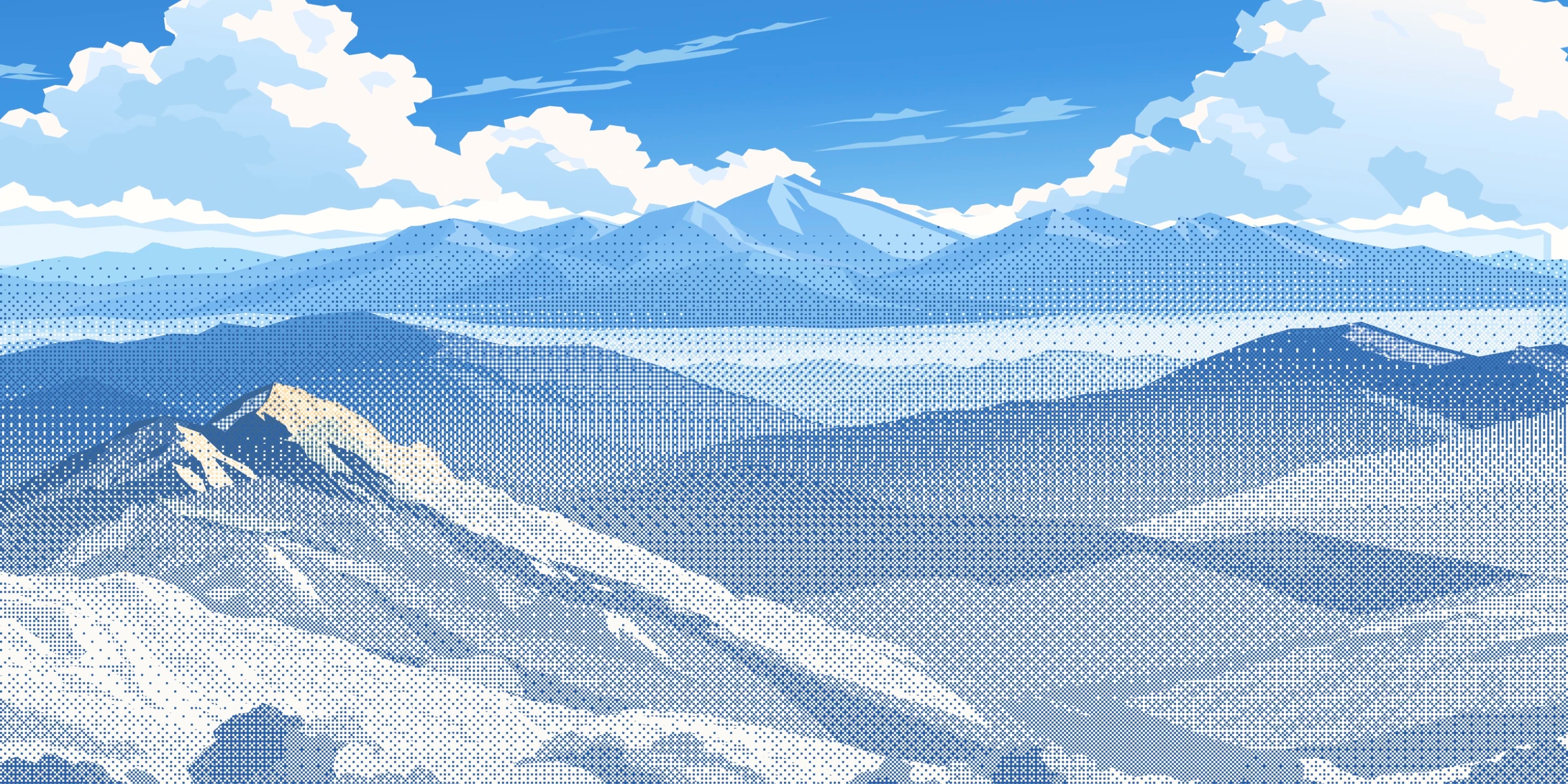 Dithered mountain scenery under an open sky, the backdrop behind every Zeton page.